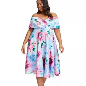 Quiz Womens Plus Size 20 Scuba Floral Bardot Skater Midi Dress Garden Party